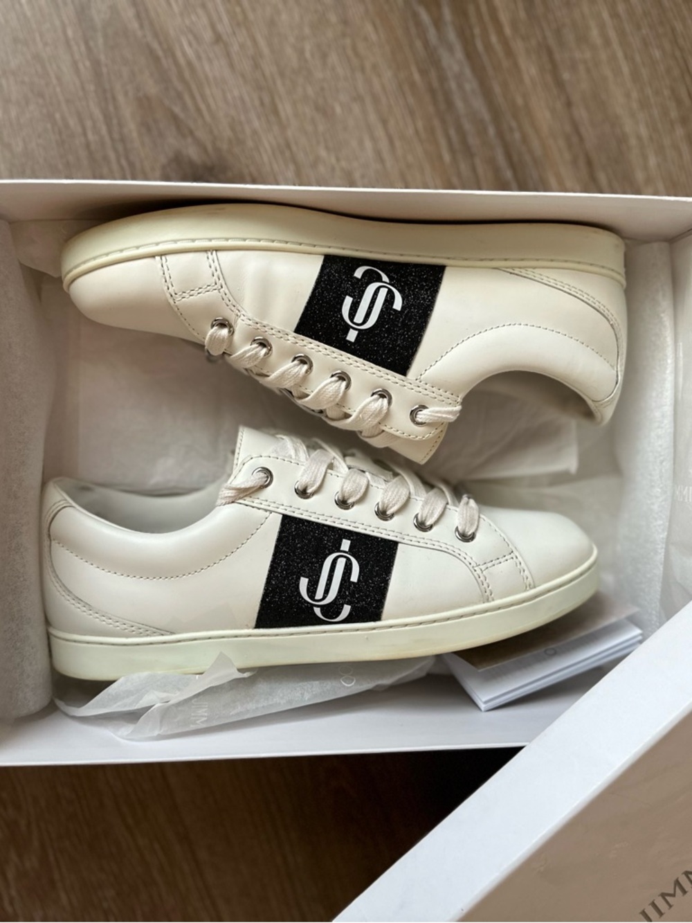 Jimmy Choo White and Black Nappa Leather Sneakers